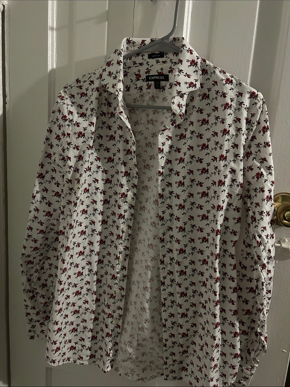 Express White Button-Up Shirt with Red Floral Print